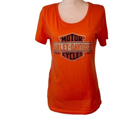Harley Davidson Orange Short Sleeve Crew Neck T-shirt With Rhinestone Logo. Med. - Picture 8 of 13